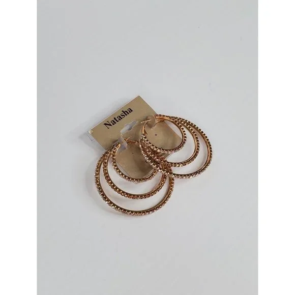 Natash Gold Tone Triple Hoop Pave Hoop Earrings - Picture 2 of 5